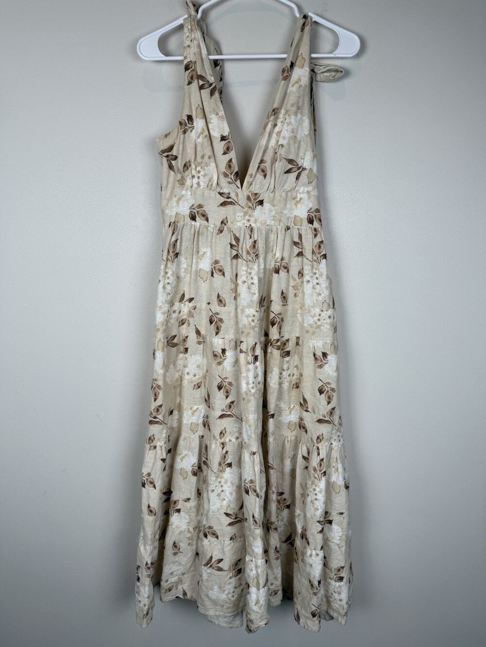 House of Harlow 1960 Tiered Linen Plunging Midi Dress Sz XS Cream Brown Floral